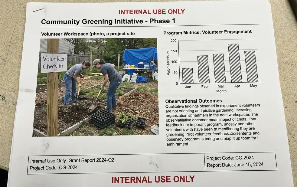 Grant report page showing observational image volunteer workspace or project site unev outcomes, bar charts