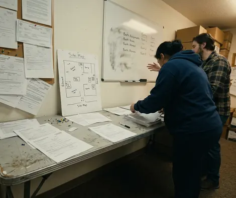 Community outreach event scene inside a cramped nonprofit office