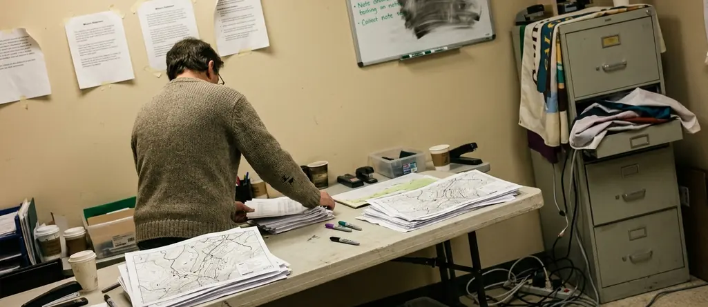 Organization office with mission displays taped unevenly to the wall